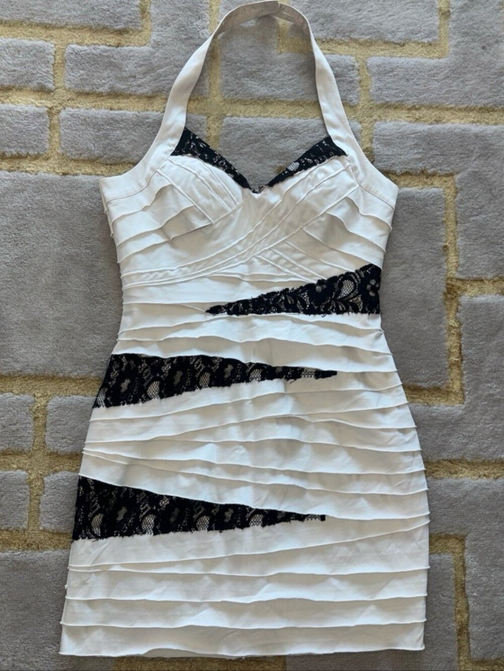 bebe White Halter Mini Dress with Black Lace Accents